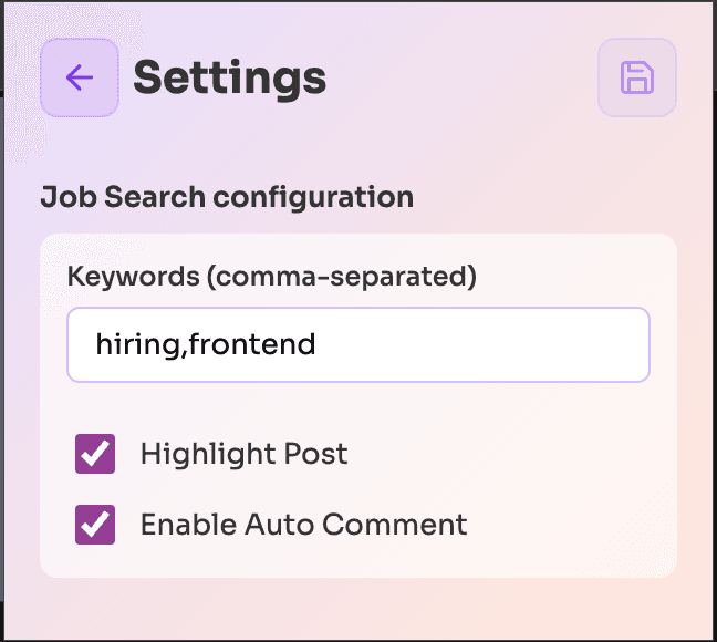 Job Search configuration with custom keywords
