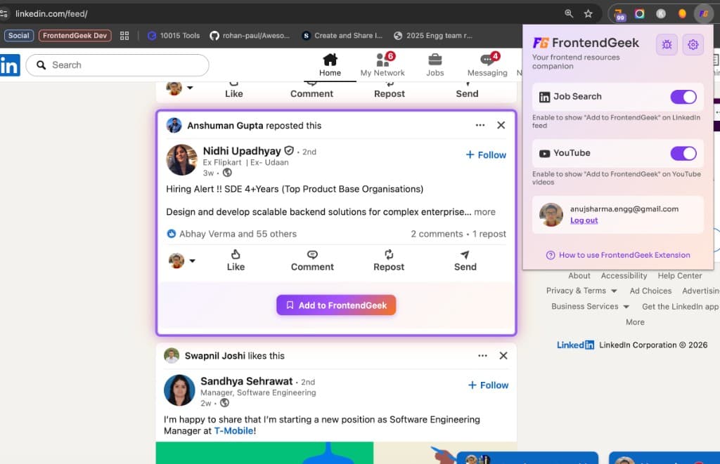 Add to FrontendGeek button on LinkedIn job post