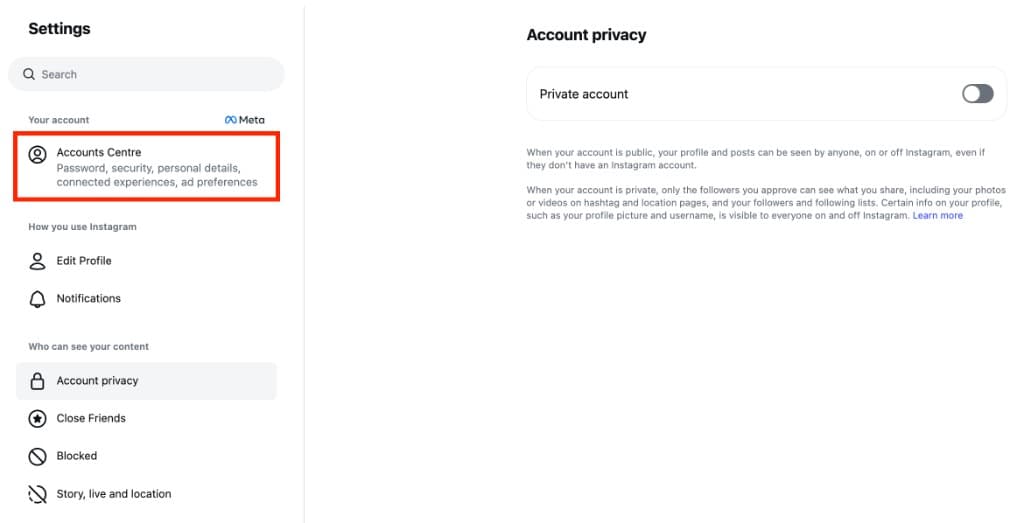 How to Delete Instagram Account — Step by Step Guide (2026) — Instagram Settings sidebar with Accounts Centre highlighted