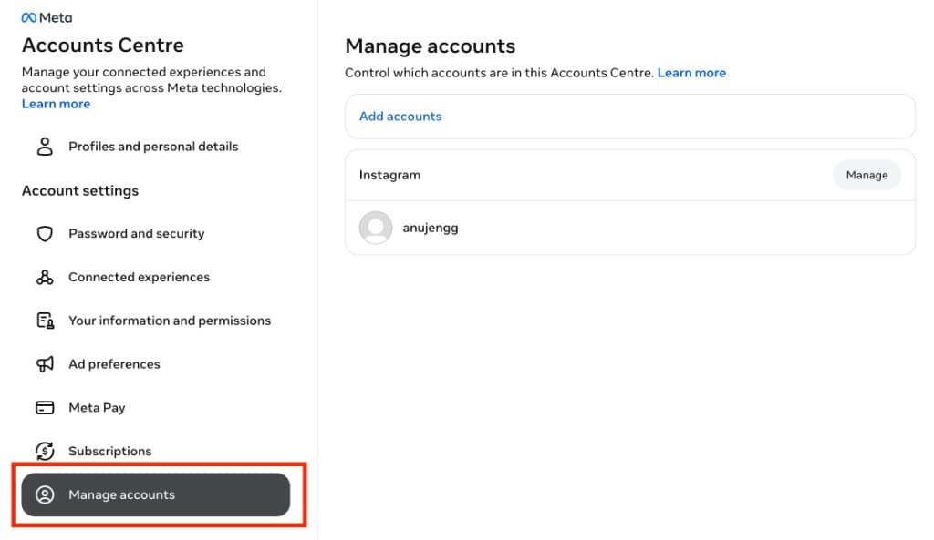 How to Delete Instagram Account — Step by Step Guide (2026) — Meta Accounts Centre Manage accounts page with Instagram Manage button