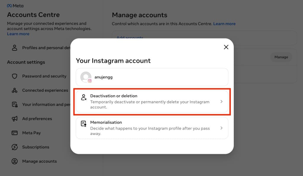 How to Delete Instagram Account — Step by Step Guide (2026) — Your Instagram account panel with Deactivation or deletion highlighted
