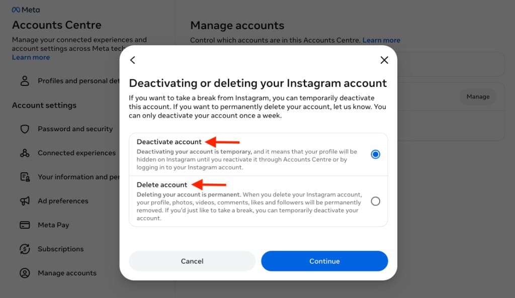 How to Delete Instagram Account — Step by Step Guide (2026) — Deactivating or deleting your Instagram account modal with Deactivate and Delete options