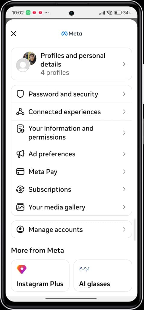 How to Delete Instagram Account — Step by Step Guide (2026) — Accounts Centre scrolled to show Manage accounts at the bottom