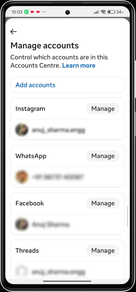 How to Delete Instagram Account — Step by Step Guide (2026) — Manage accounts list with Manage button next to Instagram