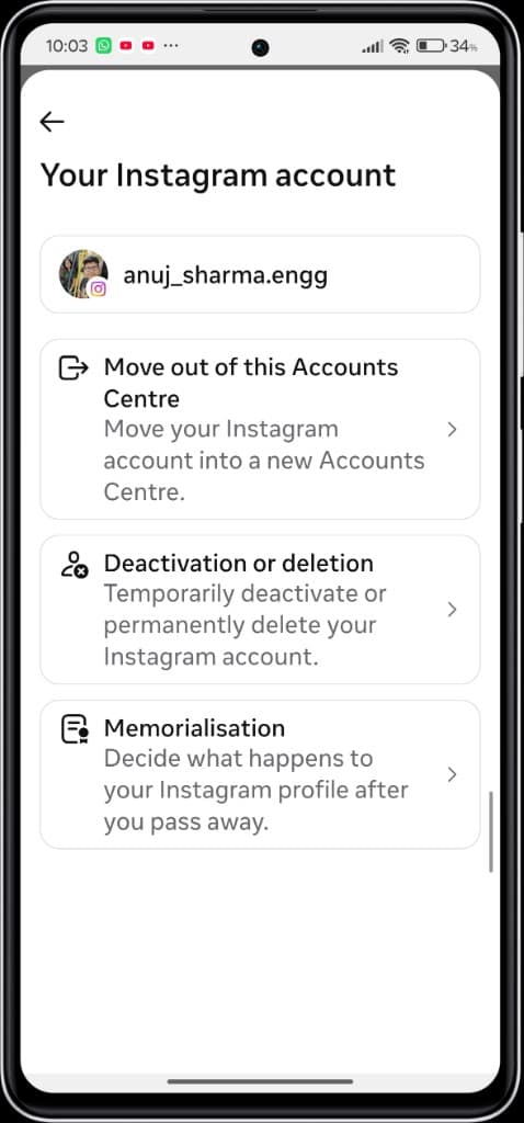 How to Delete Instagram Account — Step by Step Guide (2026) — Your Instagram account screen with Deactivation or deletion option
