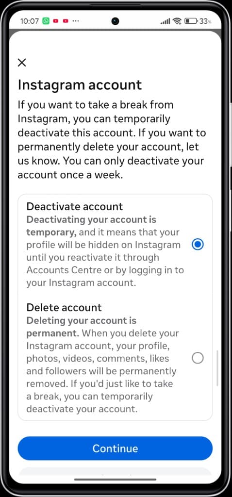 How to Delete Instagram Account — Step by Step Guide (2026) — Instagram mobile screen to choose Deactivate account or Delete account