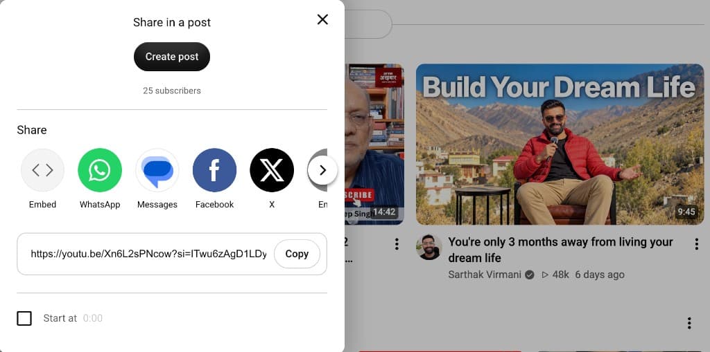 YouTube Share dialog showing the video link and Copy button to copy a YouTube URL for free download