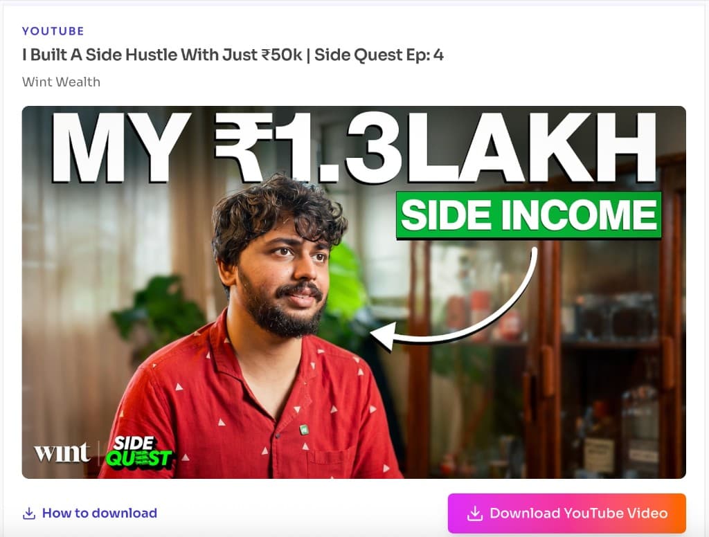 Loaded YouTube video details with title, channel, thumbnail, and Download YouTube Video button