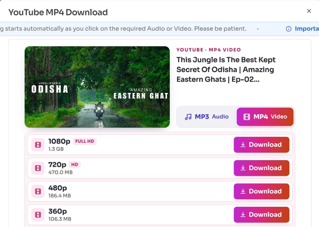 YouTube MP4 Download quality list with 1080p Full HD, 720p HD, 480p, and 360p Instant Download buttons