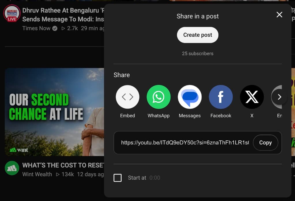 How to Extract YouTube Title and Description Instantly — YouTube Share dialog with Copy button to copy the video URL