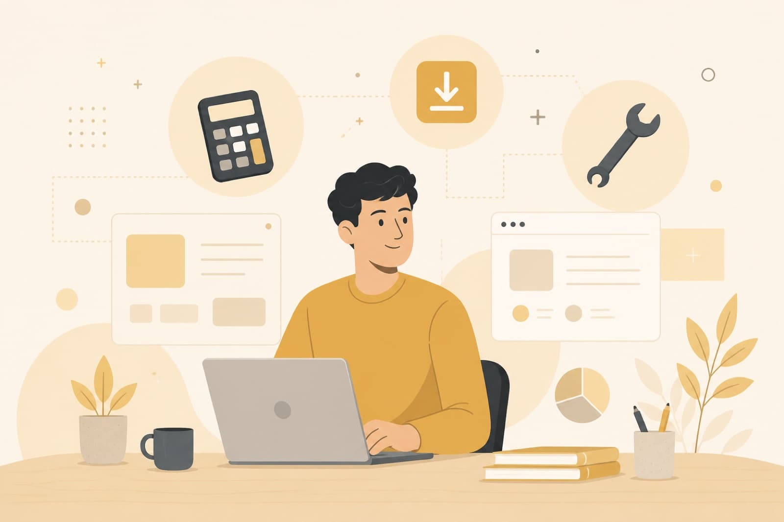 Illustration of someone preparing and learning with online tools at a desk