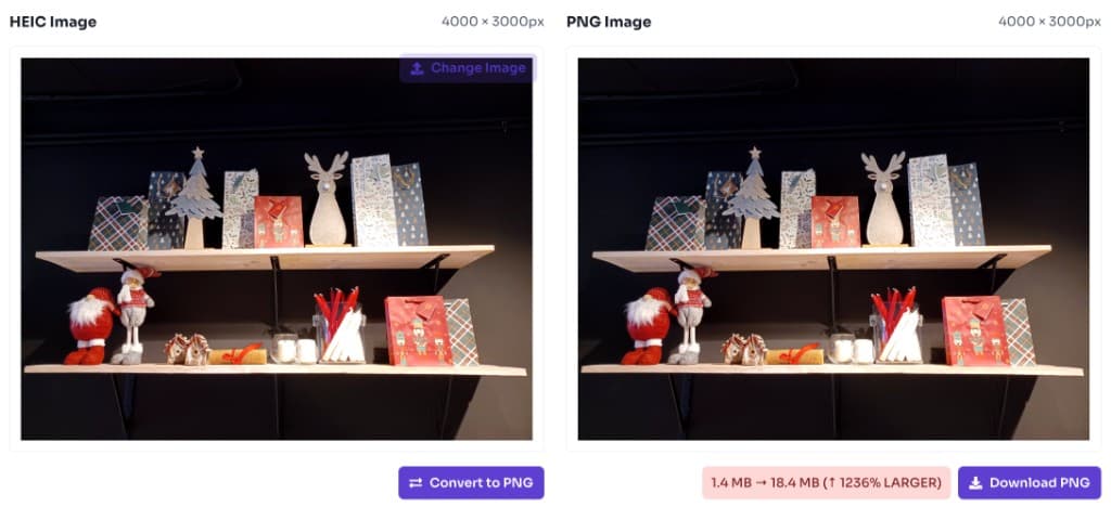 HEIC to PNG converter showing converted PNG preview and download button