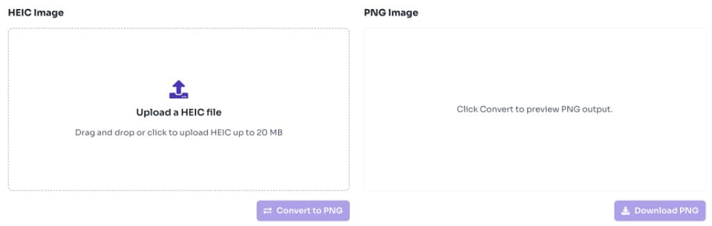 HEIC to PNG converter upload area with drag and drop zone