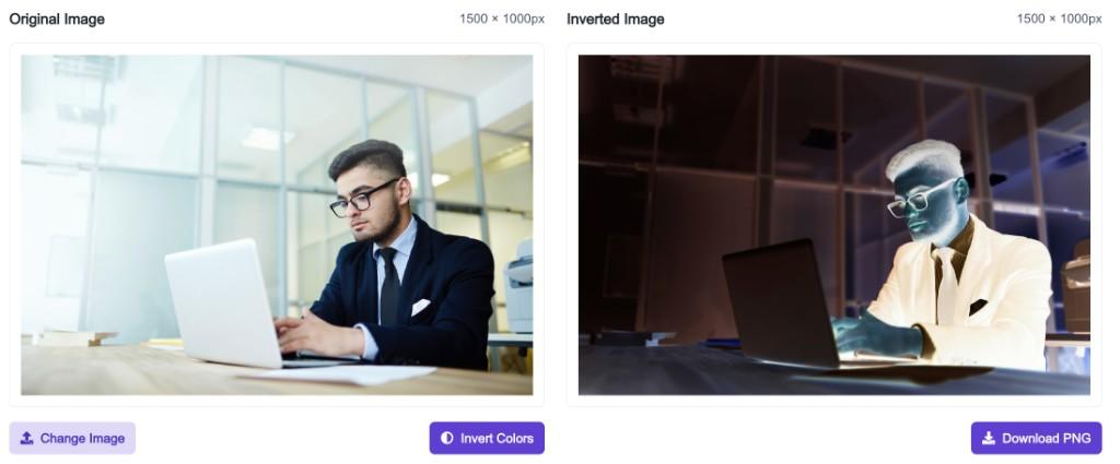 Image Color Inverter showing original and inverted image previews with Download PNG button