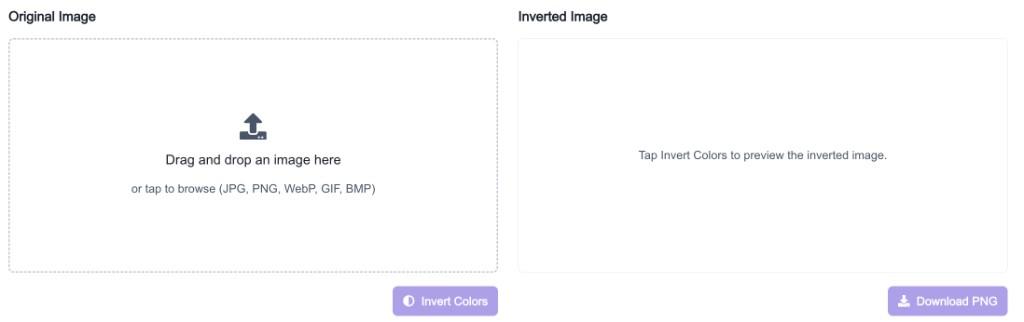 Image Color Inverter upload area with drag and drop zone and Invert Colors button