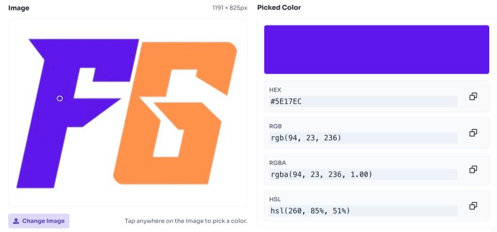 Image Color Picker showing picked color swatch with HEX RGB RGBA and HSL values