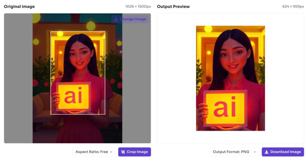 Image cropper showing crop selection and output preview side by side