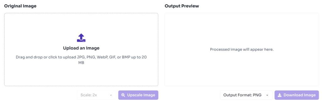 Image upscaler upload area with drag and drop zone