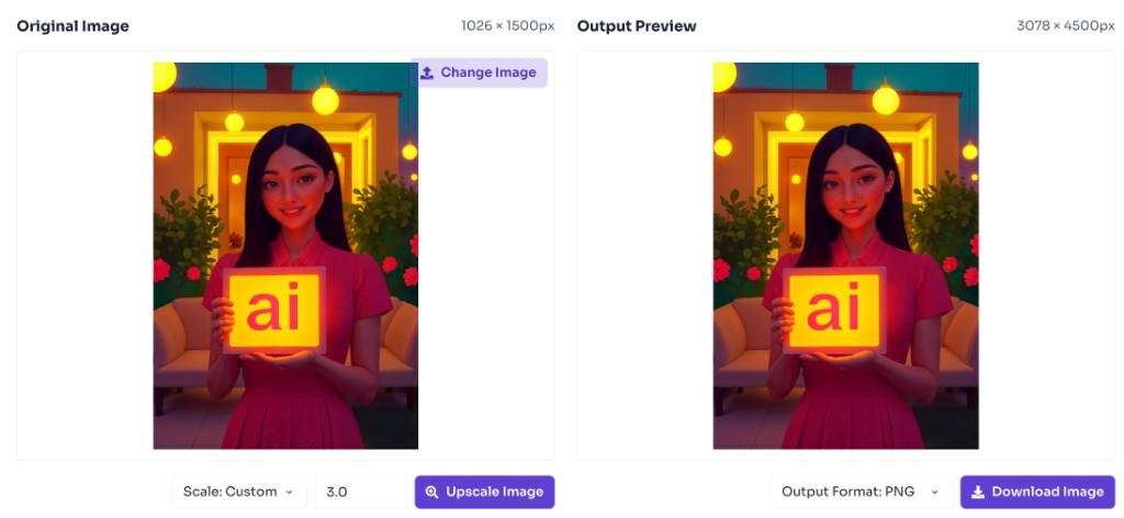 Image upscaler showing custom scale and upscaled output preview side by side