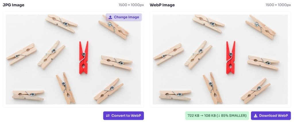 JPG to WebP converter showing converted WebP preview and download button