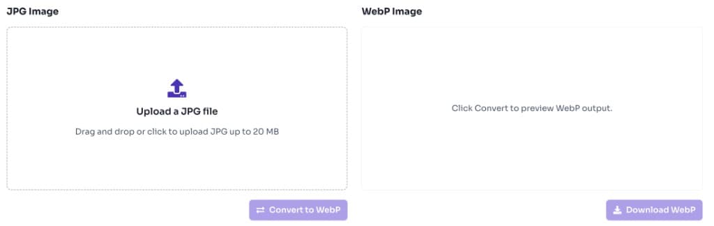 JPG to WebP converter upload area with drag and drop zone