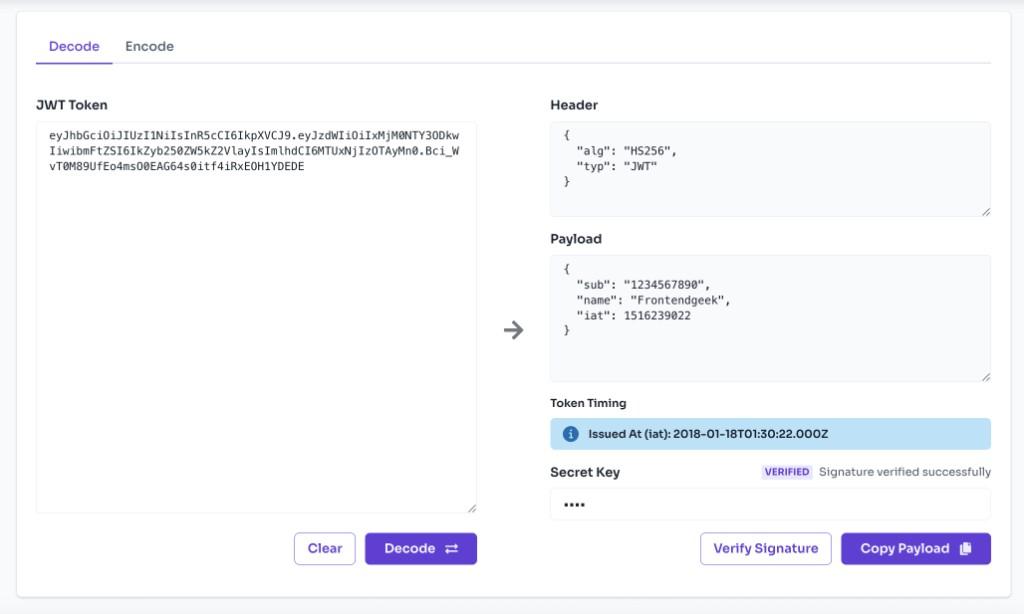 JWT decode tool showing decoded header, payload, token timing, and signature verification