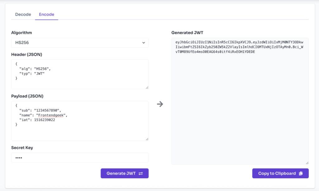 JWT encode tool showing algorithm, header, payload, secret key inputs and generated JWT output