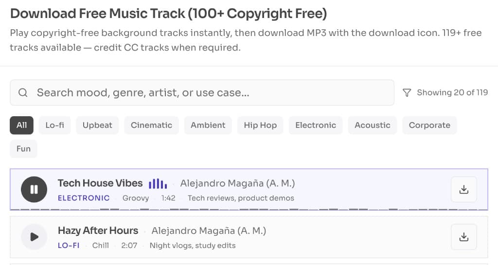 How to Download Copyright Free Music (MP3 Audio) — Preview a copyright free track playing before you download MP3