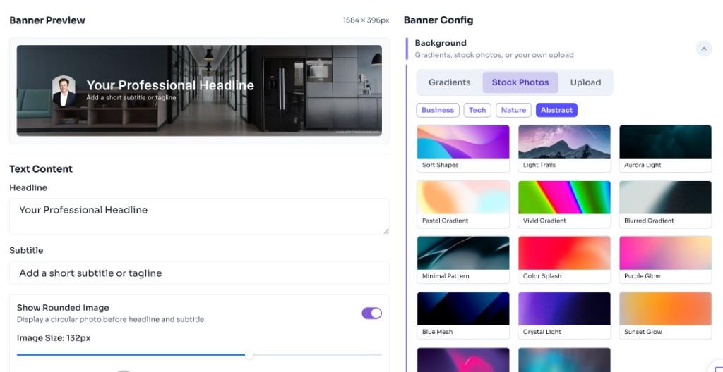 LinkedIn banner generator showing stock photo background selection with abstract thumbnails and live banner preview