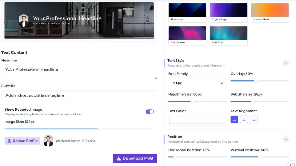 LinkedIn banner generator showing text content, profile image upload, text style controls, and download banner button