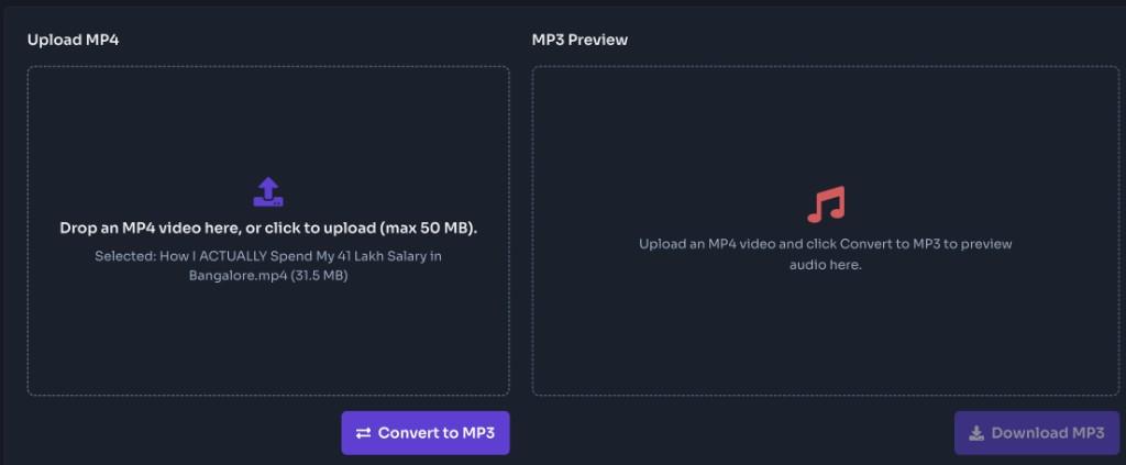 MP4 to MP3 converter upload panel with an MP4 file selected and Convert to MP3 button
