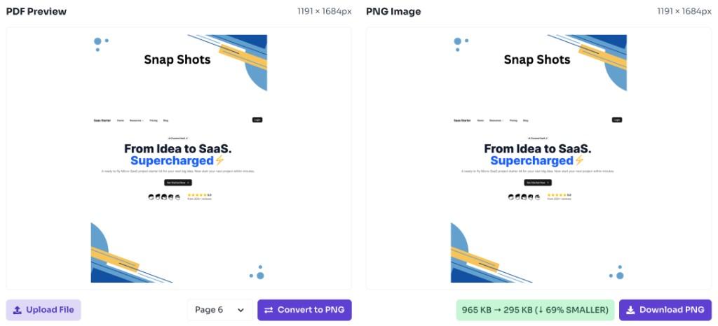 PDF to PNG converter showing converted PNG preview and download button