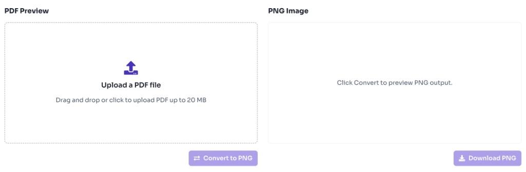 PDF to PNG converter upload area with drag and drop zone