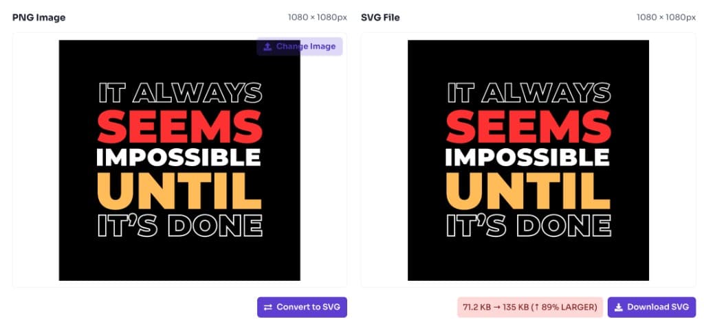 PNG to SVG converter showing converted SVG preview and download button