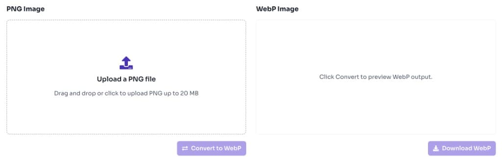 PNG to WebP converter upload area with drag and drop zone