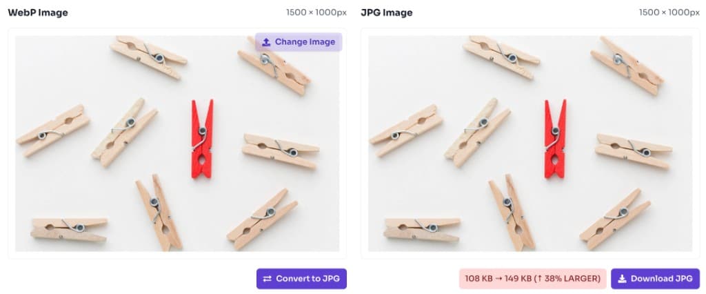 WebP to JPG converter showing converted JPG preview and download button