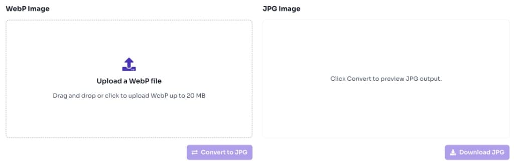 WebP to JPG converter upload area with drag and drop zone