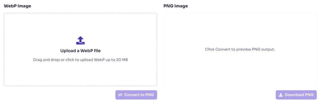 WebP to PNG converter upload area with drag and drop zone