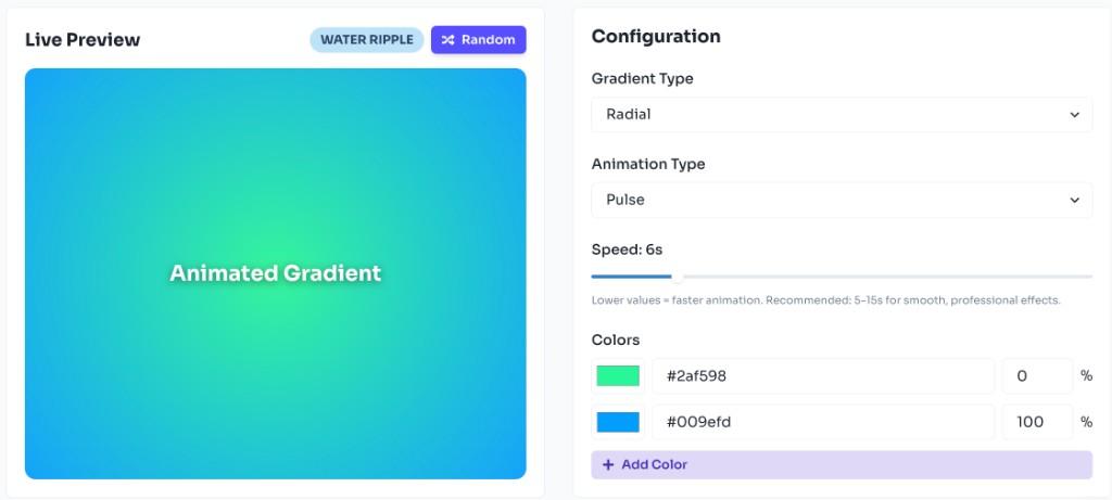 Animated Gradient Background Generator - configure gradient type, animation, and colors with live preview Animated Gradient Background Generator - configure gradient type, animation, and colors with live preview