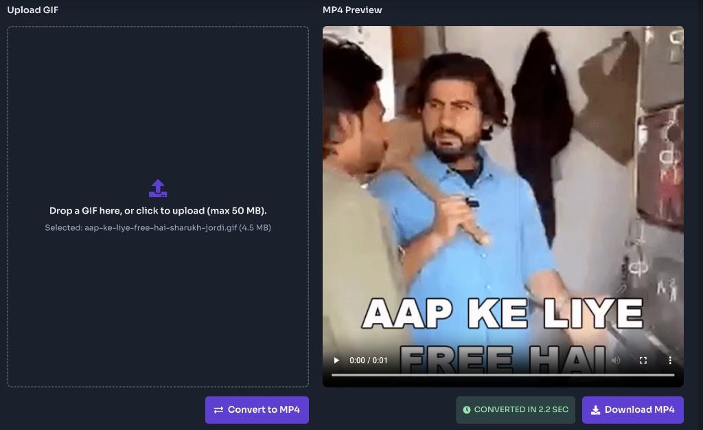 GIF to MP4 converter preview after conversion with Download MP4 button and conversion time GIF to MP4 converter preview after conversion with Download MP4 button and conversion time