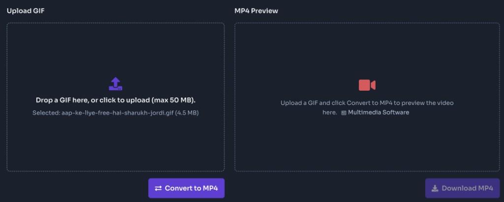 GIF to MP4 converter upload panel with a GIF file selected and Convert to MP4 button GIF to MP4 converter upload panel with a GIF file selected and Convert to MP4 button