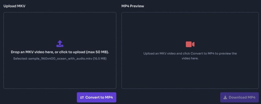 MKV to MP4 converter upload panel with an MKV file selected and Convert to MP4 button MKV to MP4 converter upload panel with an MKV file selected and Convert to MP4 button