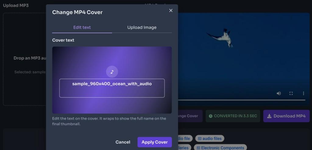 MP3 to MP4 converter Change Cover modal to edit cover text or upload a custom image MP3 to MP4 converter Change Cover modal to edit cover text or upload a custom image