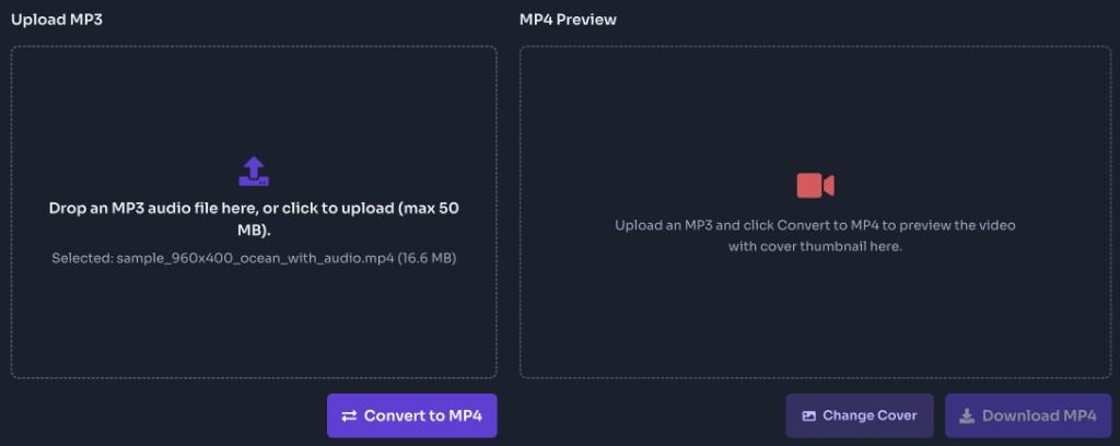 MP3 to MP4 converter upload panel with an audio file selected and Convert to MP4 button MP3 to MP4 converter upload panel with an audio file selected and Convert to MP4 button