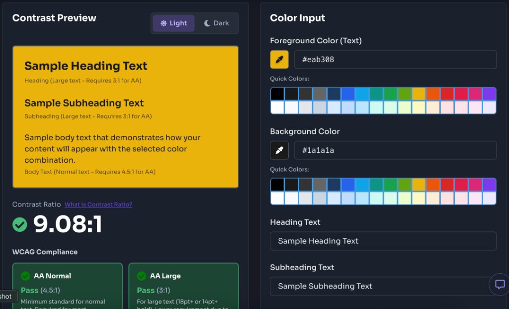 Accessibility Color Contrast Checker — Review Results — Review contrast results