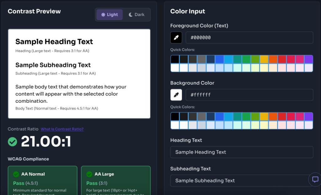 Accessibility Color Contrast Checker — Select Your Colors — Select colors for contrast check