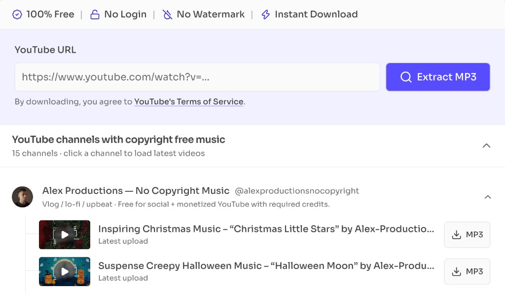 Download Copyright Free Music — Browse free tracks or open a free library — Browse YouTube channels with copyright free music and load latest videos
