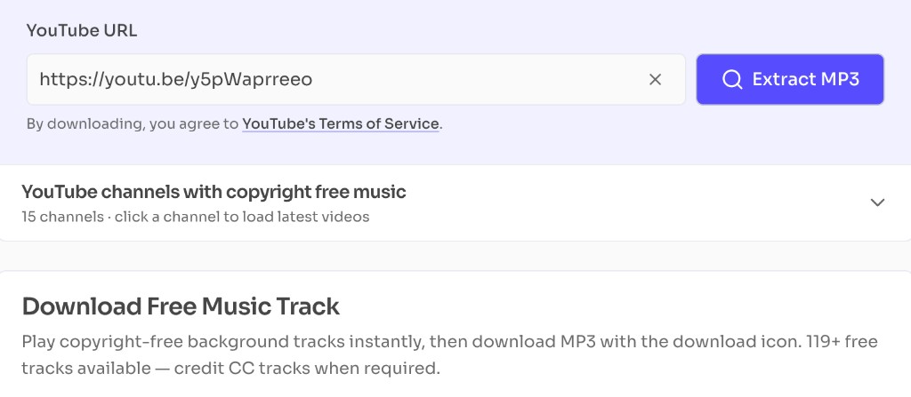 Paste YouTube URL and click Extract MP3 for copyright free music