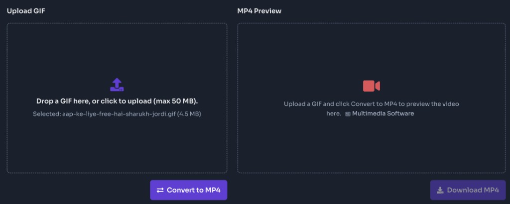 GIF to MP4 Converter Online Free — Upload the GIF — GIF to MP4 converter upload panel with a GIF file selected and Convert to MP4 button
