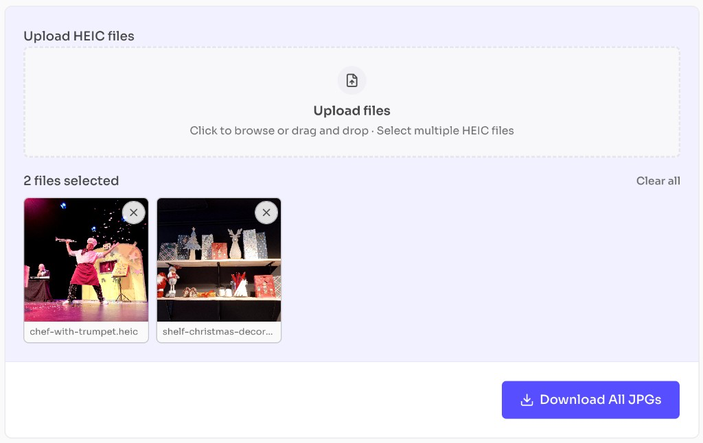 Free HEIC to JPG Converter Online — Download JPG — HEIC to JPG converter with selected files and Download All JPGs button Free HEIC to JPG Converter Online — Download JPG — HEIC to JPG converter with selected files and Download All JPGs button